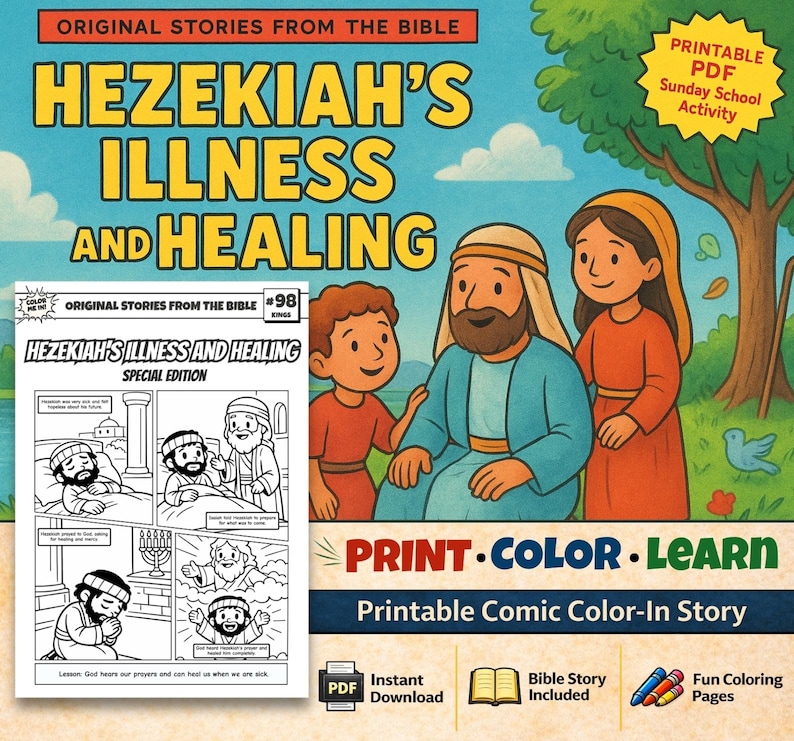 Hezekiah’s Illness and Healing Bible Comic Colouring Page for Kids: listing photo