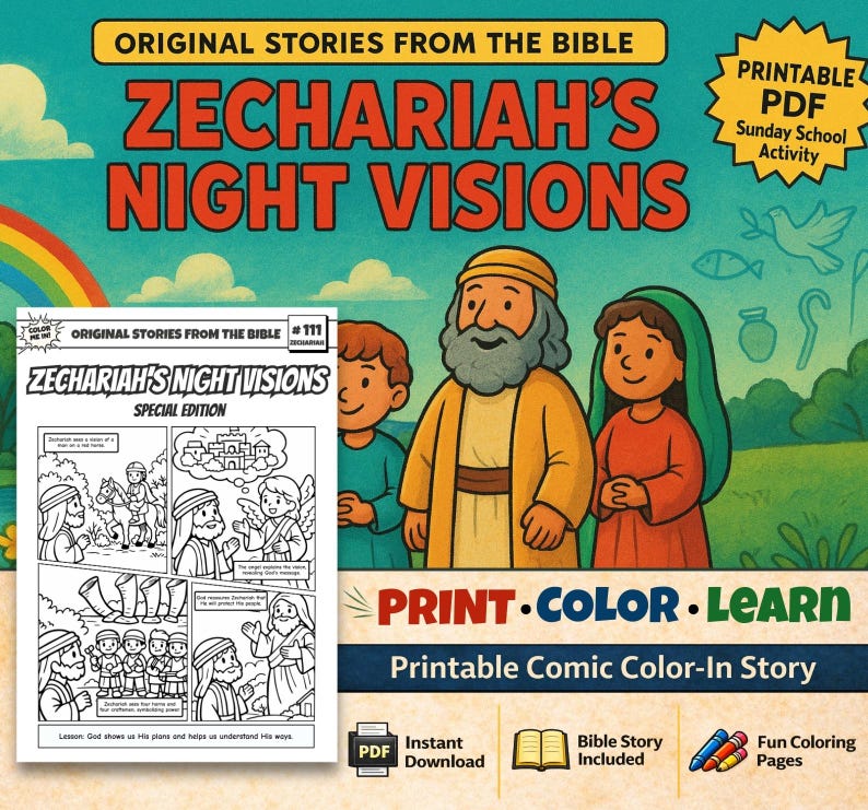 Zechariah’s Night Visions Bible Comic Colouring Page: listing photo