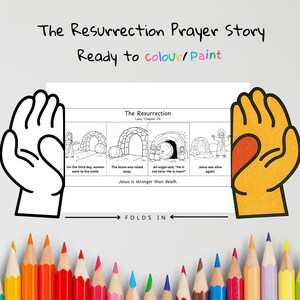 May include: A coloring page titled "The Resurrection" with illustrations depicting the story from Luke, Chapter 24. The page includes text and is designed to be colored. A row of colored pencils is at the bottom.