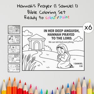 Può includere: Un set da colorare della Bibbia intitolato "La preghiera di Anna (1 Samuele 1)" con sei pagine da colorare. L'immagine principale mostra una donna che prega, con il testo "Nella sua profonda angoscia, Anna pregò il Signore". Il set include matite colorate.