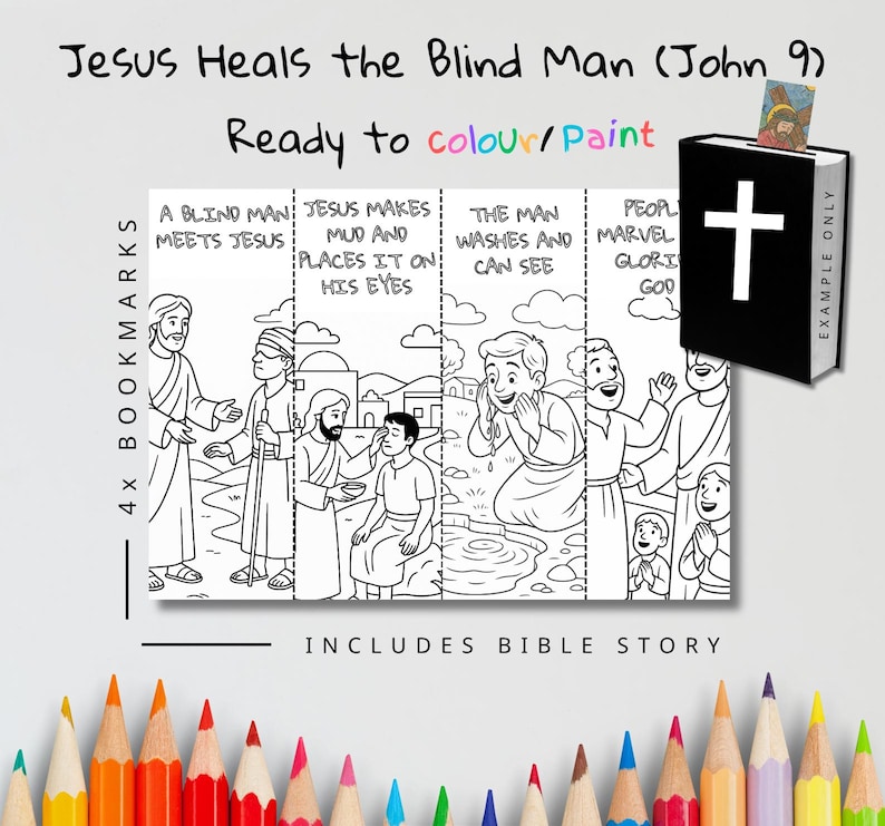 Jesus Heals the Blind Man Bible Story Colouring Bookmarks for Kids: listing photo