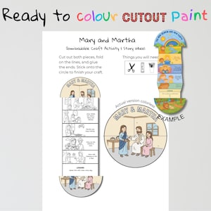 May include: A downloadable craft activity featuring a story wheel with the text "Mary and Martha." The image includes instructions, a story wheel, and a color example. The text "Ready to colour CUTOUT Paint" is at the top.