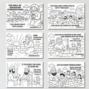May include: Six black and white coloring pages with Bible verses and illustrations. The images depict scenes of rebuilding, prayer, and community, with text from Nehemiah. The illustrations include figures, buildings, and tools, suitable for religious education or coloring.