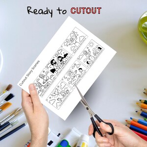 May include: A person is cutting out a black and white illustrated story scene with scissors. The text "Ready to CUTOUT" is at the top, and "Cutout Story Scenes" is on the side of the paper. The scene depicts various biblical events.