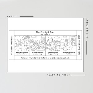 May include: Black and white line drawing of a story from Luke, Chapter 15, titled "The Prodigal Son." The illustration depicts scenes of a son leaving home, wasting money, becoming poor, and returning to his father. Text includes "Ready to Print."