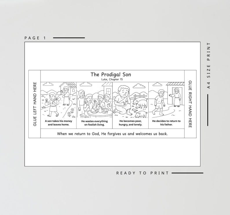 May include: Black and white line drawing of a story from Luke, Chapter 15, titled "The Prodigal Son." The illustration depicts scenes of a son leaving home, wasting money, becoming poor, and returning to his father. Text includes "Ready to Print."