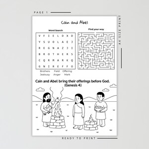 May include: Black and white printable activity sheet titled "Cain and Abel." Features a word search, maze, and an illustration of the biblical story. Includes the text "Cain and Abel bring their offerings before God. (Genesis 4)."