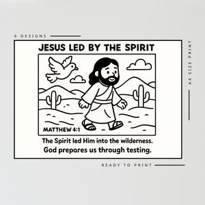 Pode incluir: Ilustra&ccedil;&atilde;o a preto e branco com o texto "JESUS LED BY THE SPIRIT". A imagem retrata Jesus caminhando em uma paisagem des&eacute;rtica com uma pomba e cactos. O texto "MATEUS 4:1" tamb&eacute;m est&aacute; inclu&iacute;do.