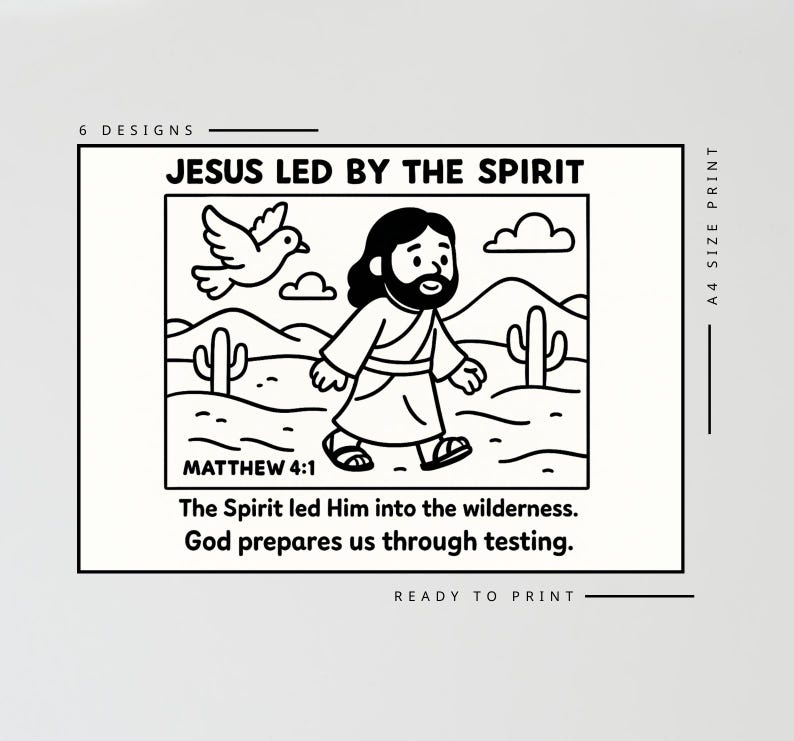 Pode incluir: Ilustra&ccedil;&atilde;o a preto e branco com o texto "JESUS LED BY THE SPIRIT". A imagem retrata Jesus caminhando em uma paisagem des&eacute;rtica com uma pomba e cactos. O texto "MATEUS 4:1" tamb&eacute;m est&aacute; inclu&iacute;do.
