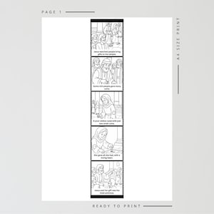 May include: Black and white illustrated story strip with text. The strip shows scenes of people bringing gifts to a temple, a poor widow giving coins, and Jesus. The text includes "Jesus watched people bring gifts to the temple" and "Ready to print."