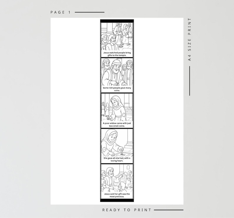 May include: Black and white illustrated story strip with text. The strip shows scenes of people bringing gifts to a temple, a poor widow giving coins, and Jesus. The text includes "Jesus watched people bring gifts to the temple" and "Ready to print."