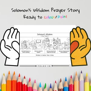 May include: A coloring book page with the text "Solomon's Wisdom Prayer Story Ready to colour/Paint." The page features a comic strip illustrating Solomon's story. A row of colored pencils is at the bottom.