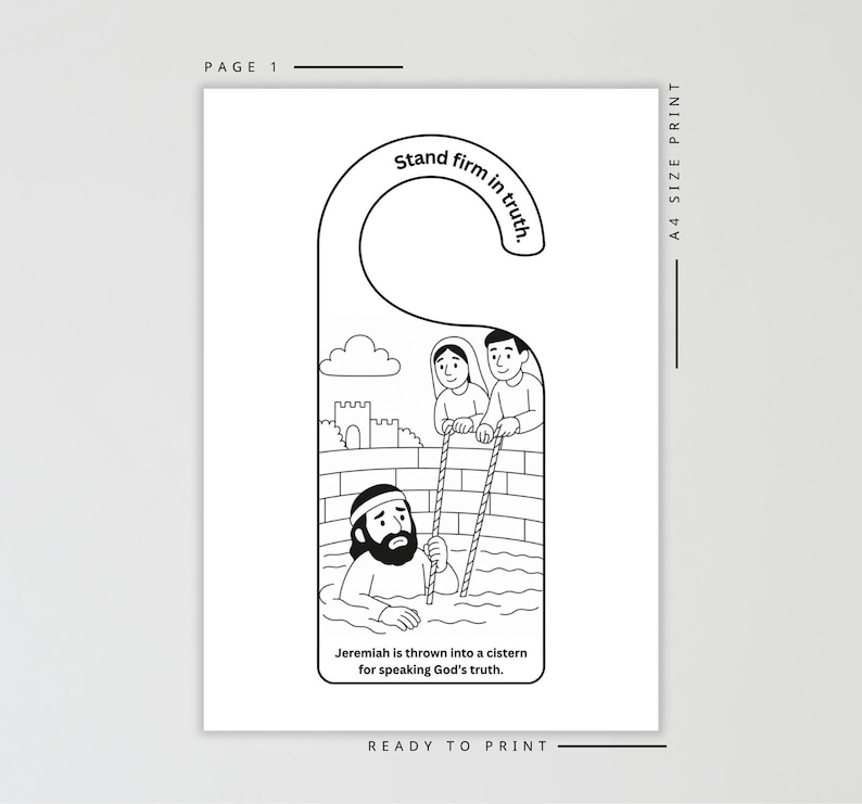 Op de afbeelding: Zwart-witte deurhanger met een bijbelse illustratie. De afbeelding toont een man in een waterput, met anderen erboven die touwen vasthouden. De tekst luidt "Standvastig in de waarheid" en "Jeremia wordt in een waterput geworpen omdat hij Gods waarheid sprak."