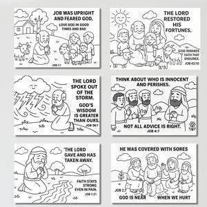 May include: Six black and white coloring pages with Bible verses and illustrations. Each page features a different scene with text, including Job 1:1, Job 38:1, Job 42:10, Job 4:7, Job 1:21, and Job 2:7. The images depict various biblical scenes.
