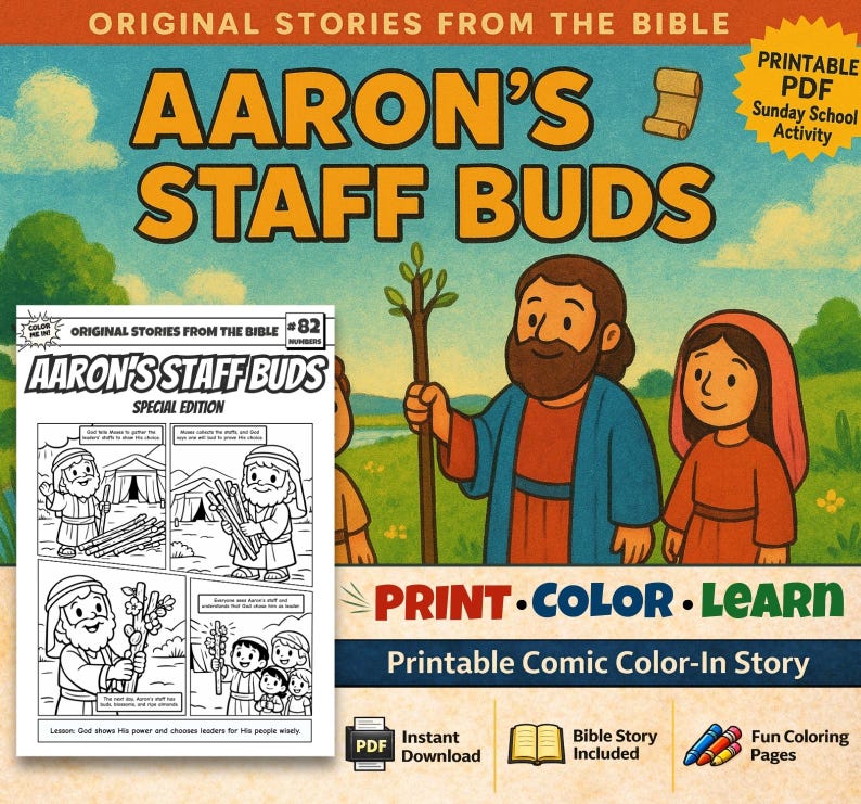 Aaron’s Staff Buds Bible Comic Colouring Page: listing photo