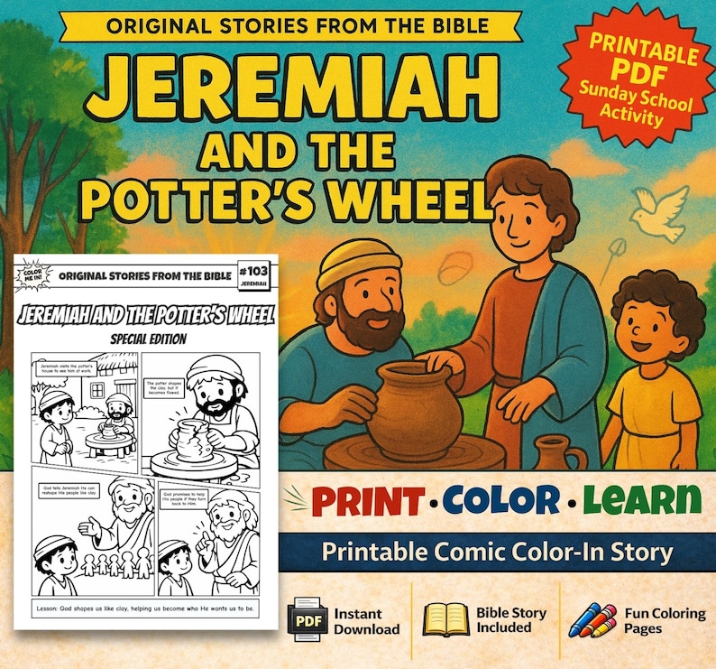 Jeremiah and the Potter’s Wheel Bible Comic Colouring Page for Kids: listing photo