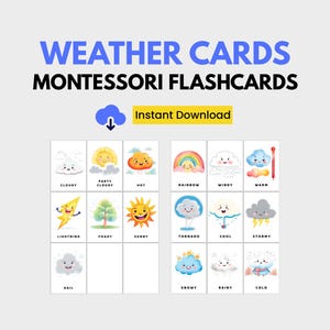 Cartões de clima para impressão | 16 cartões educacionais inspirados em Montessori para pré-escola e educação domiciliar | Download instantâneo
