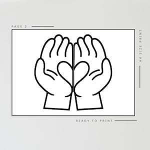 May include: Black and white line art illustration of two hands cupped together, forming a heart shape in the center. The words "PAGE 2", "A4 SIZE PRINT", and "READY TO PRINT" are also included.