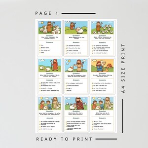 May include: A sheet of paper with nine illustrated cards featuring a shepherd and sheep. Each card has a question and answers. The text "PAGE 1", "A4 SIZE PRINT", and "READY TO PRINT" are also visible.
