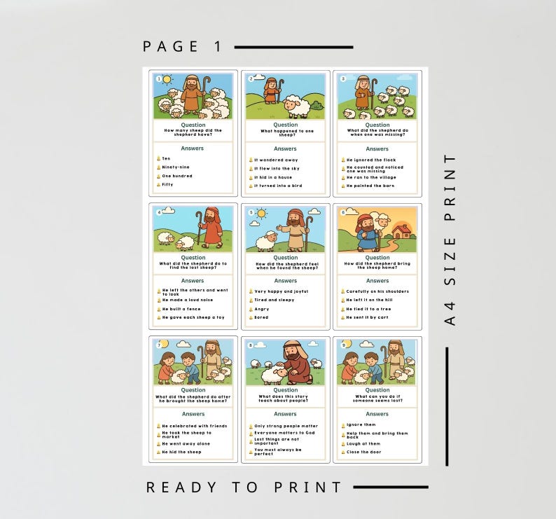 May include: A sheet of paper with nine illustrated cards featuring a shepherd and sheep. Each card has a question and answers. The text "PAGE 1", "A4 SIZE PRINT", and "READY TO PRINT" are also visible.