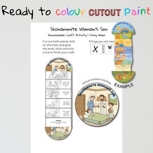 May include: A downloadable craft activity titled "Shunammite Woman's Son." The image shows a story wheel with instructions to cut, fold, and glue. The wheel features illustrations and text, with an example of the finished, colored version.