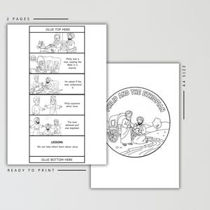 May include: Two-page ready-to-print coloring book with the text "Philip and the Ethiopian." The first page has a comic strip with text and illustrations. The second page has a circular illustration of two men and a chariot.