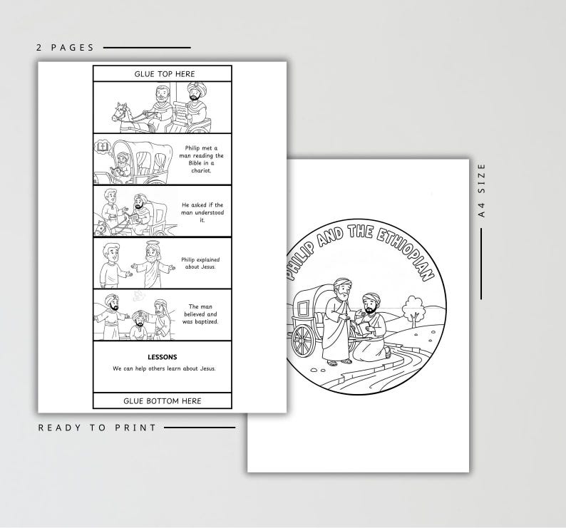 May include: Two-page ready-to-print coloring book with the text "Philip and the Ethiopian." The first page has a comic strip with text and illustrations. The second page has a circular illustration of two men and a chariot.
