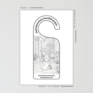 Puede incluir: Percha de puerta en blanco y negro con una ilustraci&oacute;n religiosa. La imagen representa a una mujer arrodillada en oraci&oacute;n, con el texto "Dios escucha cada oraci&oacute;n sincera". La parte inferior de la percha dice "Ana ora fervientemente, y Dios la escucha."