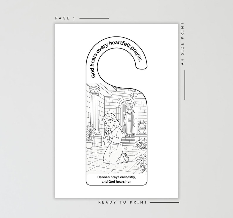 Puede incluir: Percha de puerta en blanco y negro con una ilustraci&oacute;n religiosa. La imagen representa a una mujer arrodillada en oraci&oacute;n, con el texto "Dios escucha cada oraci&oacute;n sincera". La parte inferior de la percha dice "Ana ora fervientemente, y Dios la escucha."