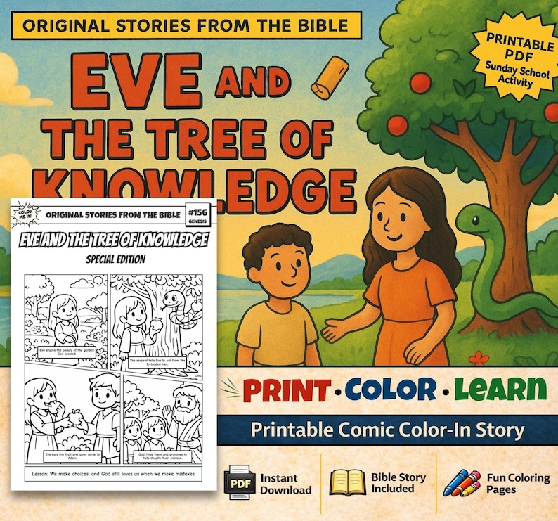 Eve and the Tree of Knowledge Bible Comic Colouring Page for Kids: listing photo