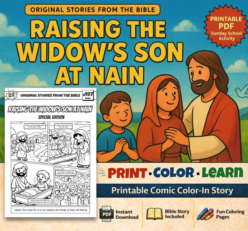 Raising the Widow’s Son at Nain Bible Comic Colouring Page for Kids: listing photo