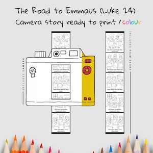 May include: An illustrated camera with the text "The Road to Emmaus (Luke 24)" and "Camera story ready to print / colour." The camera has a film strip with illustrations. Colouring pencils are at the bottom of the image.