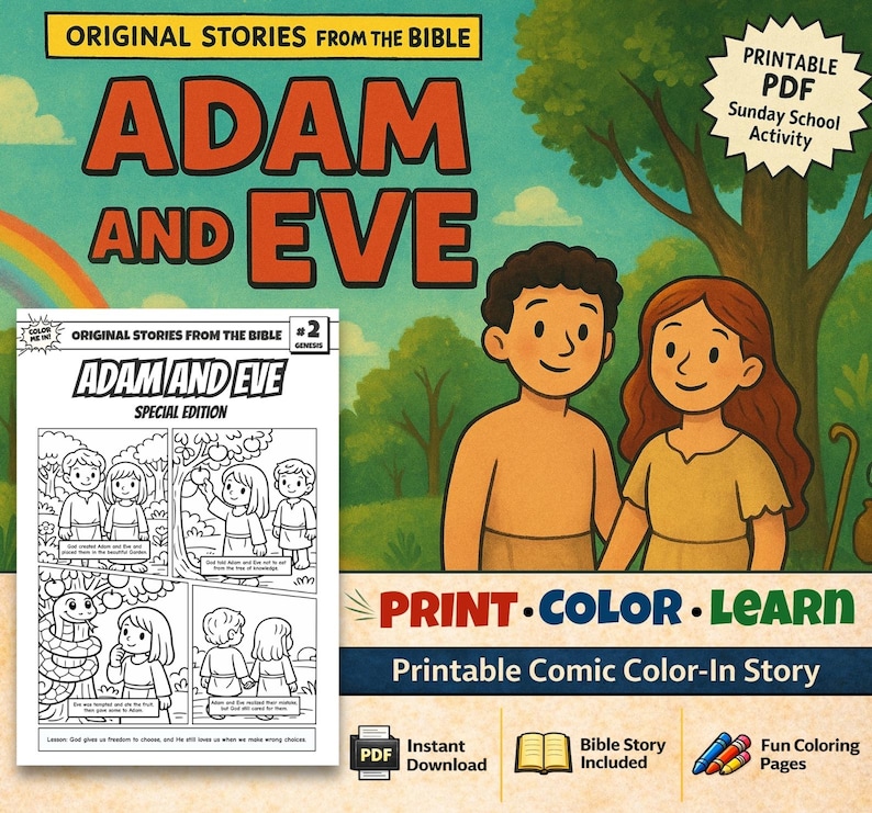 Adam and Eve Bible Comic Colouring Page: listing photo
