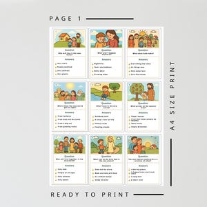 Pu&ograve; includere: Un foglio di schede stampate in formato A4 con illustrazioni colorate e testo. Le schede presentano domande e risposte con immagini di persone, natura ed edifici. Il testo include le parole "PAGE 1" e "READY TO PRINT".