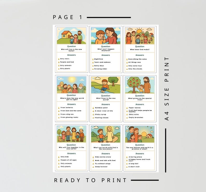 Pu&ograve; includere: Un foglio di schede stampate in formato A4 con illustrazioni colorate e testo. Le schede presentano domande e risposte con immagini di persone, natura ed edifici. Il testo include le parole "PAGE 1" e "READY TO PRINT".