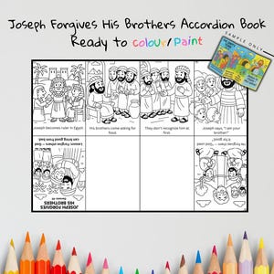 May include: Black and white illustrated accordion book titled "Joseph Forgives His Brothers." The book is ready to color or paint and features scenes from the biblical story. Includes the text "Ready to colour/Paint."