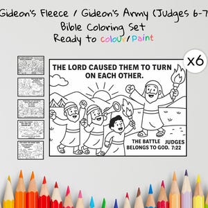 Peut inclure: Un ensemble de coloriage biblique avec des illustrations de Juges 6-7, intitul&eacute; "Gideon's Fleece / Gideon's Army." L'ensemble comprend plusieurs pages &agrave; colorier avec le texte "Le Seigneur les a fait se retourner les uns contre les autres."