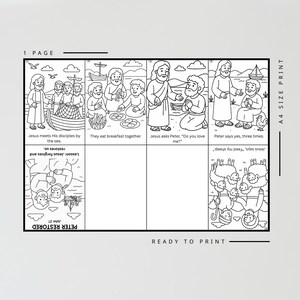 May include: Black and white line art illustration of a Bible story, featuring Jesus and his disciples. The text includes phrases like "Jesus meets His disciples by the sea" and "Peter restored."