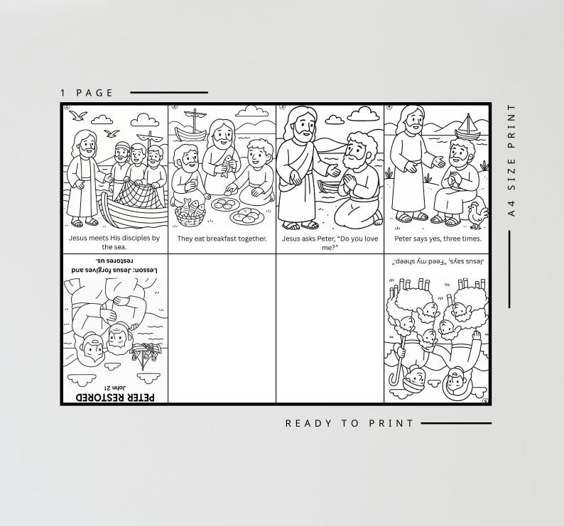May include: Black and white line art illustration of a Bible story, featuring Jesus and his disciples. The text includes phrases like "Jesus meets His disciples by the sea" and "Peter restored."
