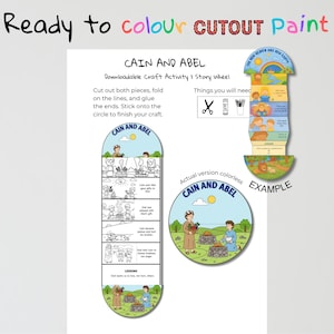 Puede incluir: Una hoja de actividades de manualidades descargable con el texto "Ready to colour CUTOUT Paint" y "CAIN AND ABEL". La hoja incluye instrucciones, una rueda de historias y un ejemplo del producto terminado.
