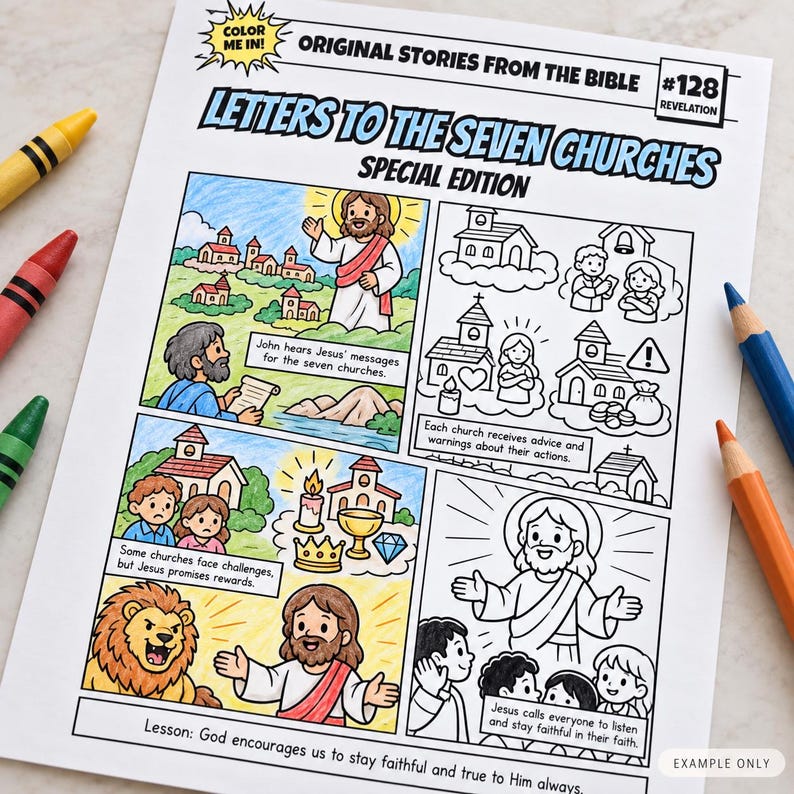 Letters to the Seven Churches Bible Comic Colouring Page for Kids: listing photo