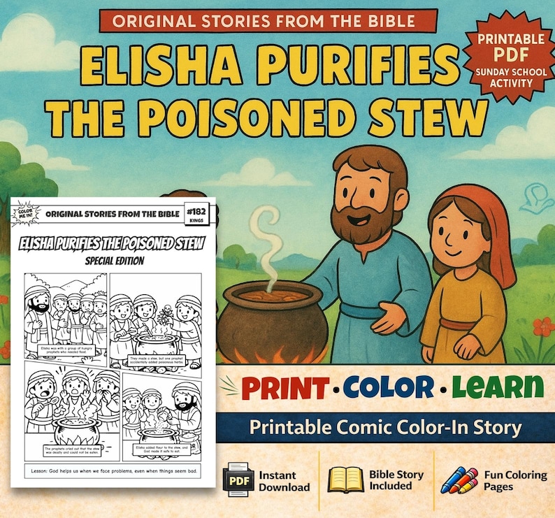 Elisha Purifies the Poisoned Stew Bible Comic Colouring Page: listing photo