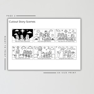 May include: A printable A4 sheet titled Cutout Story Scenes, featuring six black and white line art illustrations depicting the nativity story. Each panel includes a caption: Wise men notice a special star, They travel a great distance, They search for the newborn King, They worship Jesus with honor, Precious gifts are presented, and God guides them safely home.