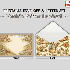 May include: Printable envelope and letter set with a Beatrix Potter inspired design. The front of the card features illustrations of rabbits, ducks, and other animals in a garden setting. The back of the envelope has a repeating pattern of the same characters.