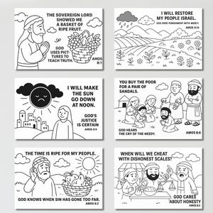 Op de afbeelding: Zes zwart-wit illustraties met tekst uit de Bijbel. De afbeeldingen tonen verschillende sc&egrave;nes, waaronder een man met een fruitmand, een veld met regen en mensen in verschillende scenario's. De tekst bevat citaten uit Amos.