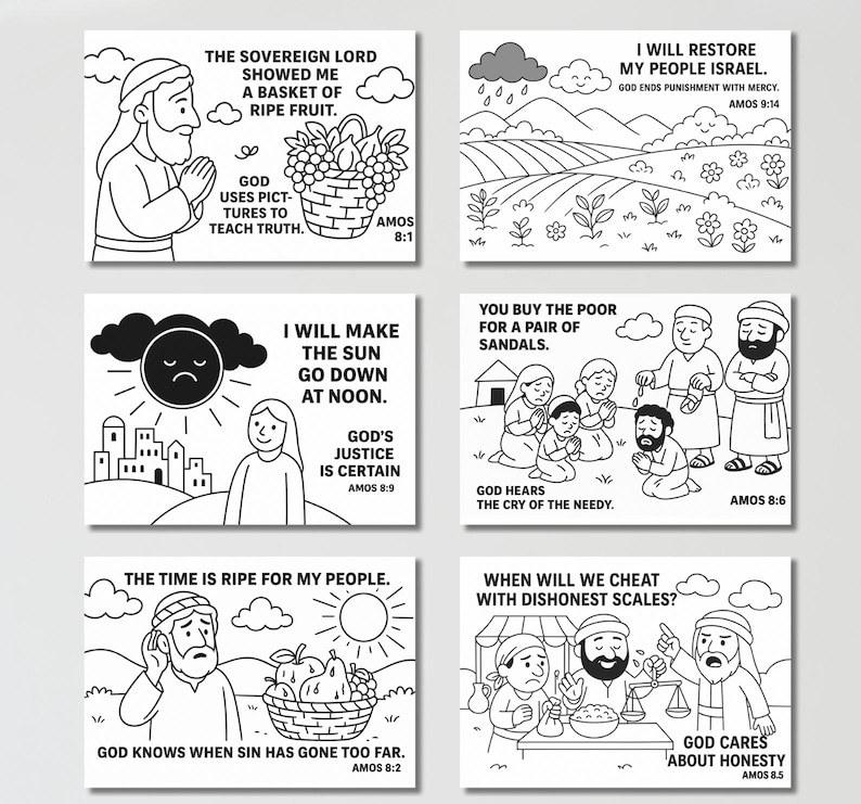 Op de afbeelding: Zes zwart-wit illustraties met tekst uit de Bijbel. De afbeeldingen tonen verschillende sc&egrave;nes, waaronder een man met een fruitmand, een veld met regen en mensen in verschillende scenario's. De tekst bevat citaten uit Amos.