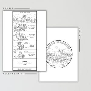 May include: Two A4 size printable pages featuring black and white line art illustrations of the biblical story of Aaron and the Golden Calf. One page contains a vertical strip with four sequential scenes and text, while the other shows a circular scene.
