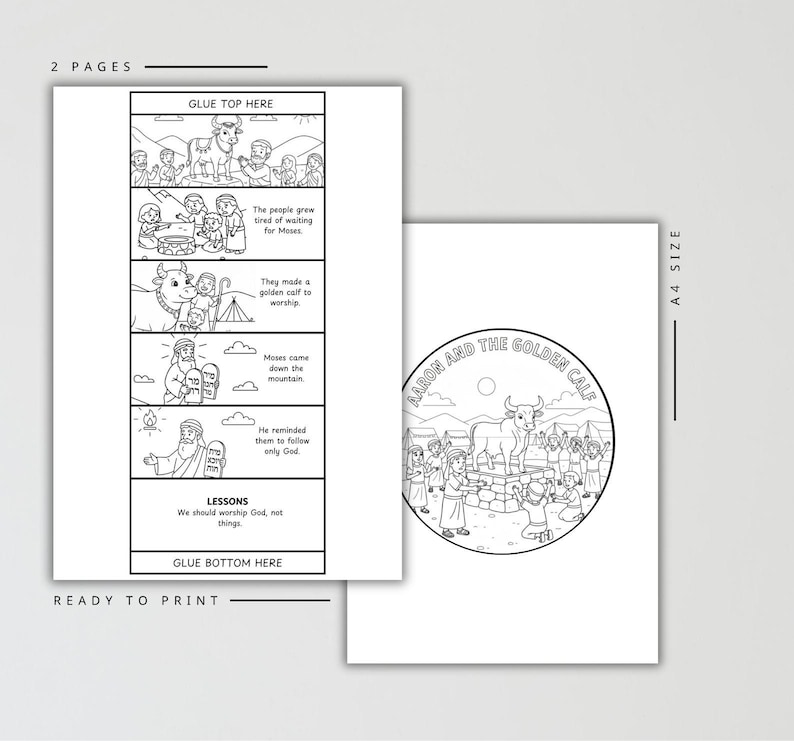 May include: Two A4 size printable pages featuring black and white line art illustrations of the biblical story of Aaron and the Golden Calf. One page contains a vertical strip with four sequential scenes and text, while the other shows a circular scene.