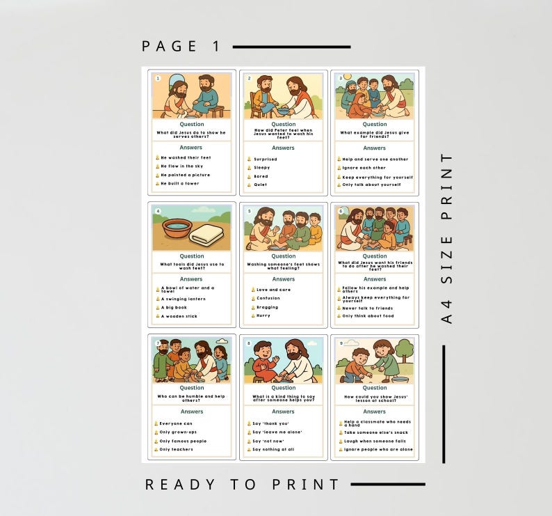 May include: A sheet of A4 size print cards with illustrations and text. The cards feature images of Jesus with people, with questions and answers. The text includes the words "Page 1" and "Ready to Print".