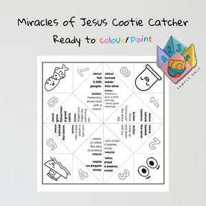 以下が含まれることがあります： 「Miracles of Jesus Cootie Catcher」と「Ready to colour/Paint」の文字が入った白い紙のクッキーキャッチャー。デザインには、聖書の奇跡を描いたイラストとテキストが含まれています。折りたたまれた紙のフォーチュンテラーが右上隅にあります。